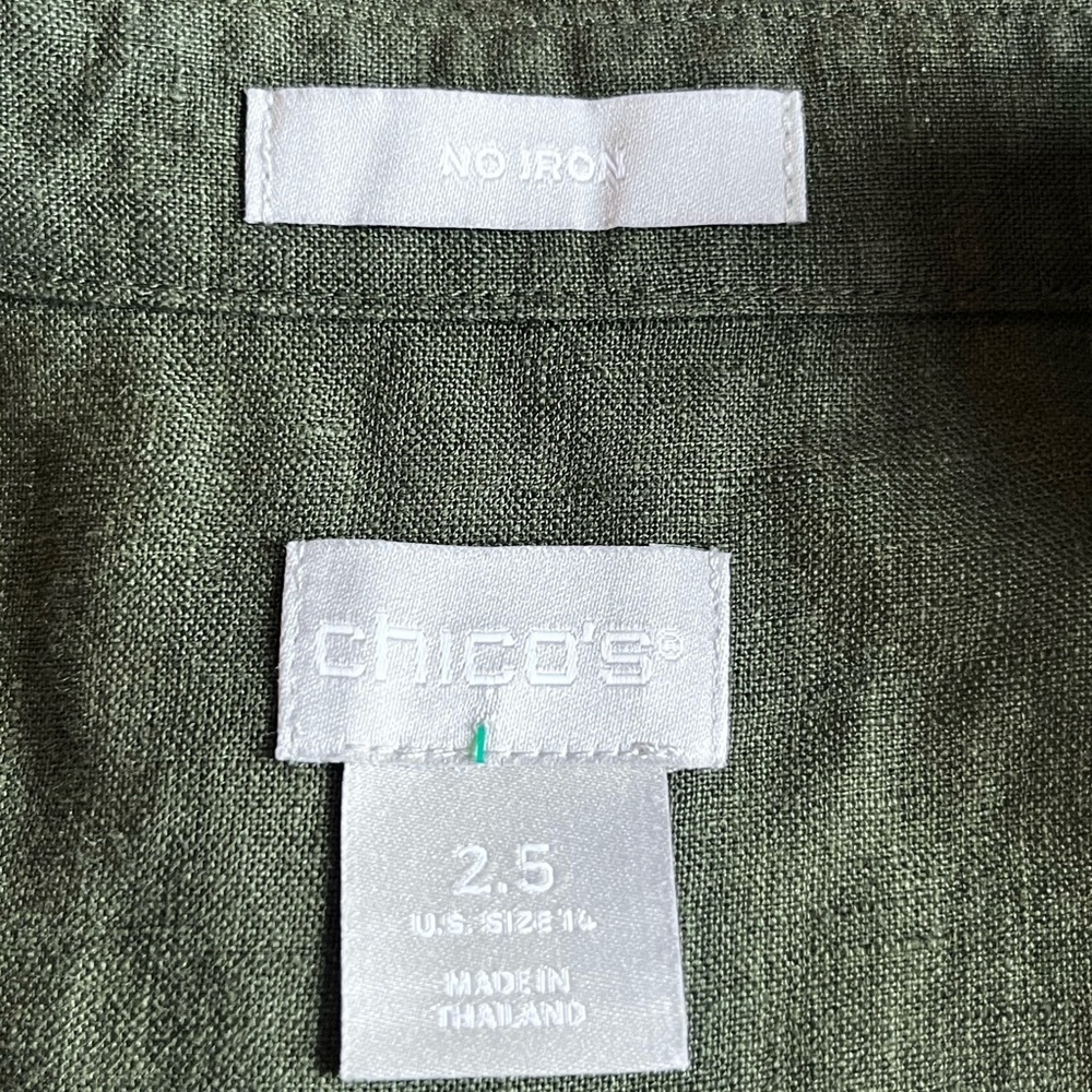 Chicos Size 2 No Iron Button Up Size 14 US XL Green Long Sleeve Linen Shirt - Picture 6 of 6